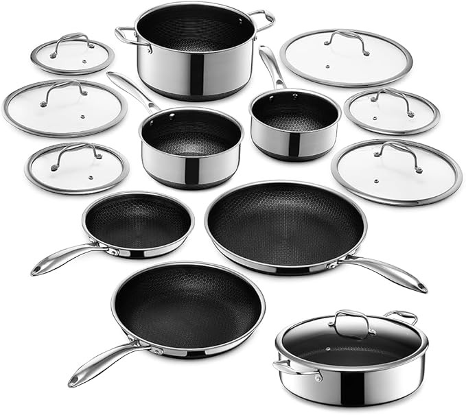 HexClad 13 Piece Hybrid Stainless Steel Cookware Set - 6 Piece Frying Pan Set, 6 Piece Pot Set an... | Amazon (US)