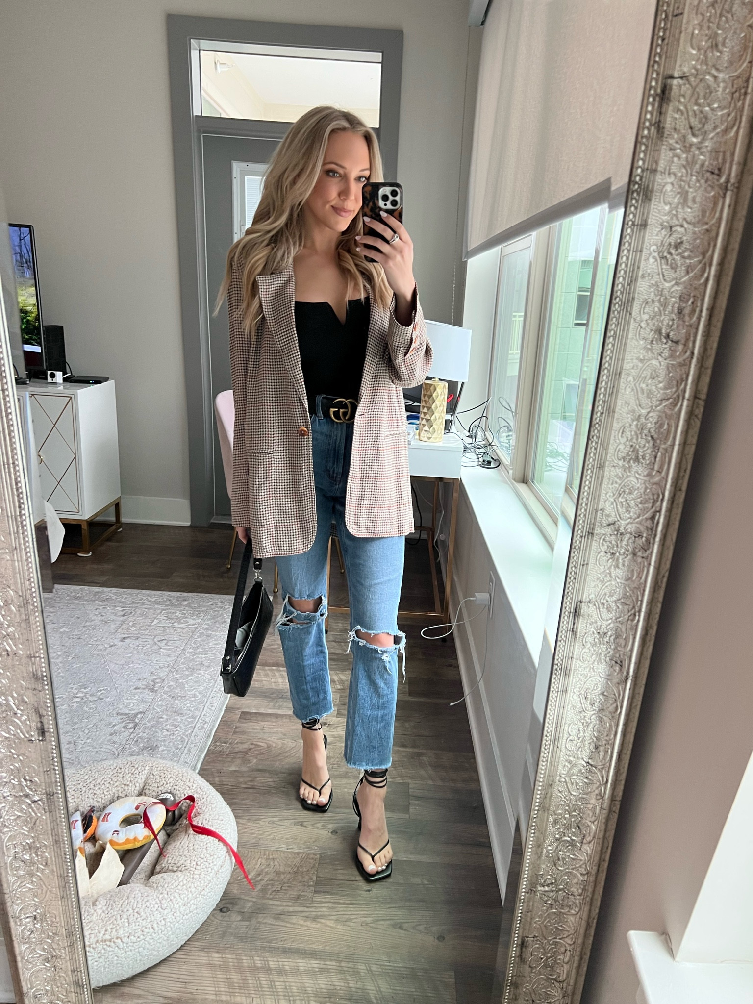 Fall outfit idea, date night outfit, Gucci belt, Abercrombie jeans, black strappy heels, Steve Madden heels, plaid blazer, black bodysuit 

#LTKunder100 #LTKSeasonal #LTKstyletip