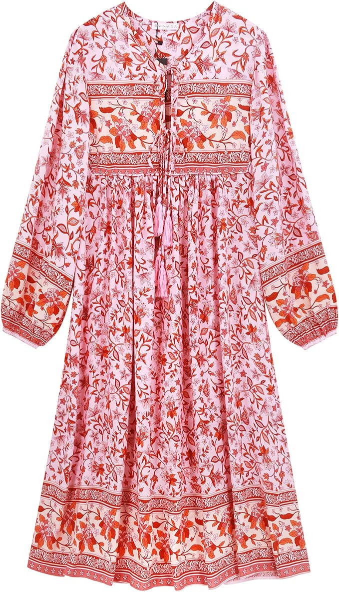 R.Vivimos Women's Long Sleeve Floral Print Retro V Neck Tassel Bohemian Midi Dresses | Amazon (US)