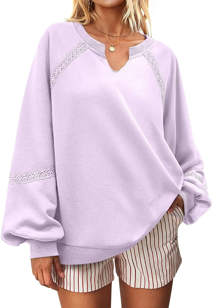 UEU Womens V Neck Crochet Sweatshirt Long Sleeve Oversized Pullover Loose Fit Casual Knit Tops Li... | Amazon (US)