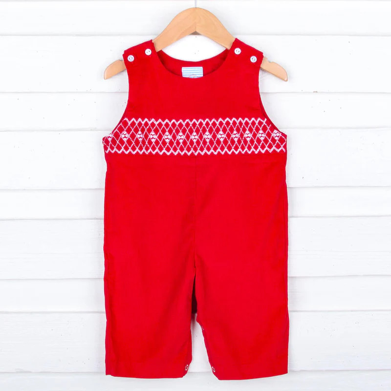 Red Corduroy Smocked Geo Longall | Classic Whimsy