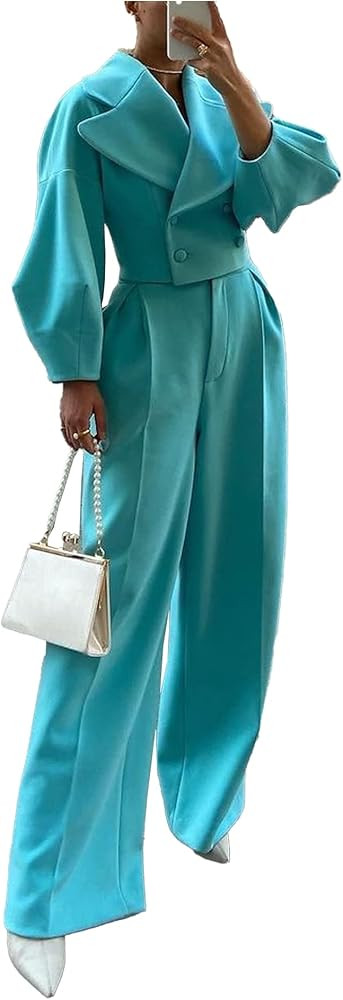 SOMTHRON Women's 2 Piece Outfits Notched Lapel Double Breasted Trench Coat Cropped Blazer Wide Le... | Amazon (US)