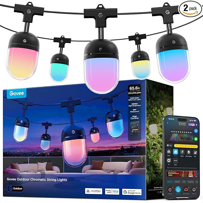 Govee Outdoor Chromatic String Lights, 65.6ft RGBIC Outdoor Lights with 55 Uni-IC Control LED Bul... | Amazon (US)