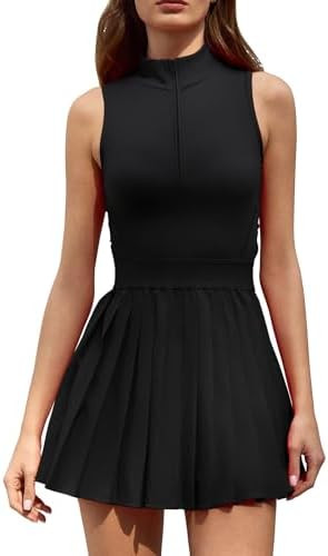 QINSEN Womens Zip Front Tennis Dress High Neck Pleated Sleeveless Two Pieces Golf Athletic Dress ... | Amazon (US)