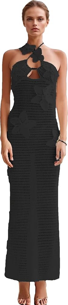 RanRui Women's Halter 3D Flower Knitted Hollow Out Beach Dress balckless Open Back Swimsuit Cover... | Amazon (US)