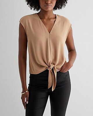 Satin V-Neck Tie Front Gramercy Tee | Express