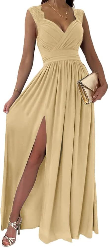 Dokotoo Womens 2023 Formal Dresses Wrap V-Neck Ruched Sexy Bridesmaid Wedding Guest Maxi Dresses | Amazon (US)