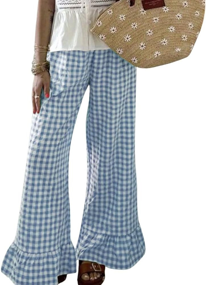 chouyatou Women's Vintage Plaid Wide Leg Pants Flare Ruffle Hem Elastic Waist Long Palazzo Pants | Amazon (US)