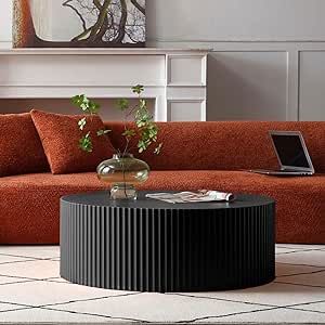 SSLine Modern Black Drum-Shape Coffee Table with Handcrafted Relief Design Contemporary Round Coc... | Amazon (US)