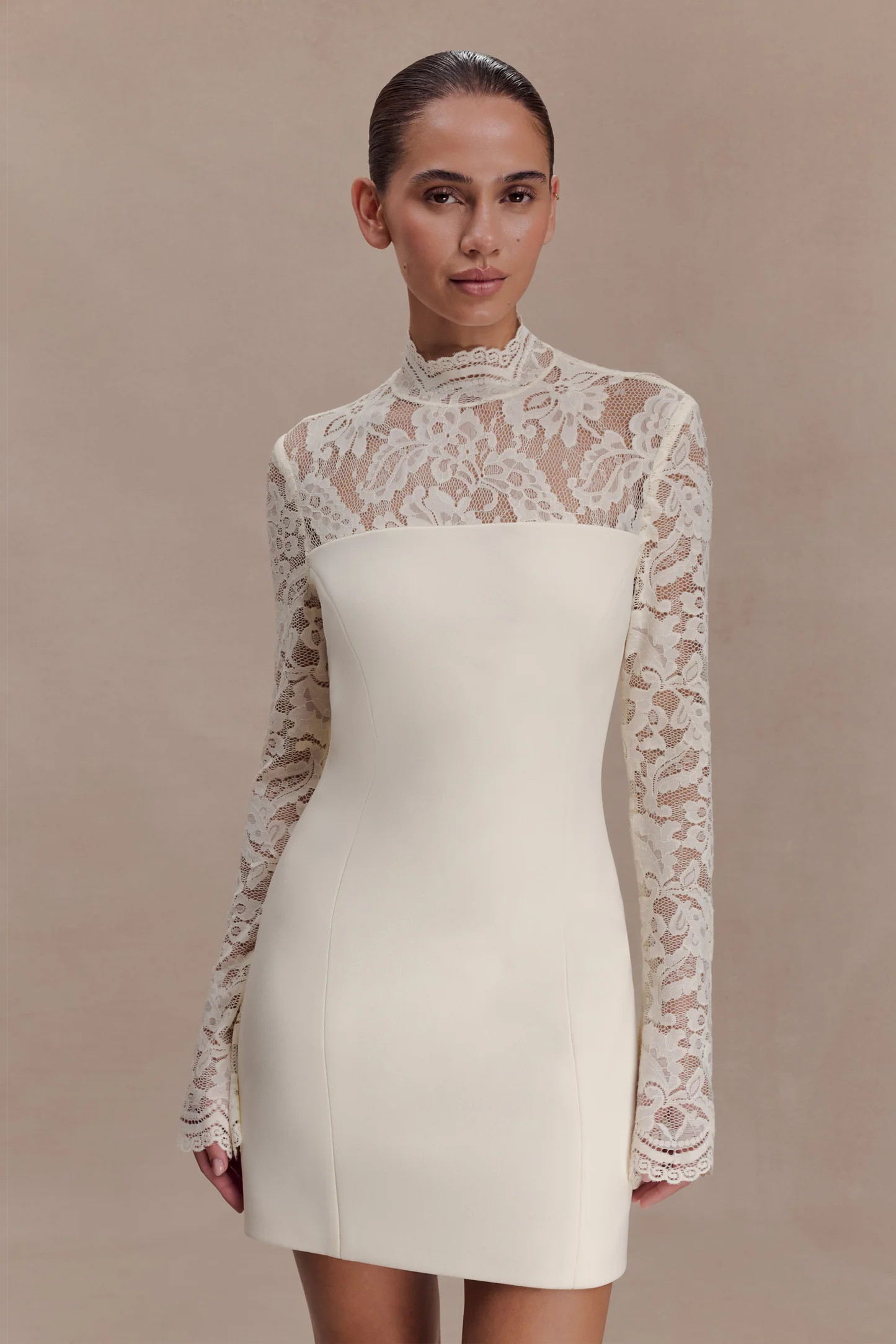 Aurelie Long Sleeve Lace Mini Dress - Ivory | MESHKI US