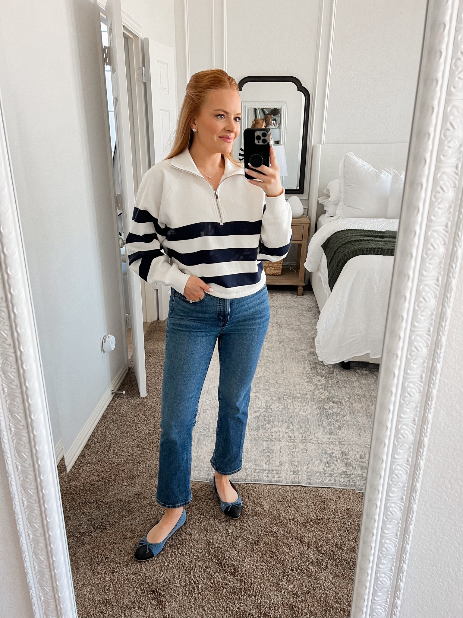 Express striped quarter zip is 50% off!
Sizing:
Quarter zip pullover - small
Jeans - 27
Flats - TTS

#LTKfindsunder100 #LTKsalealert #LTKSeasonal