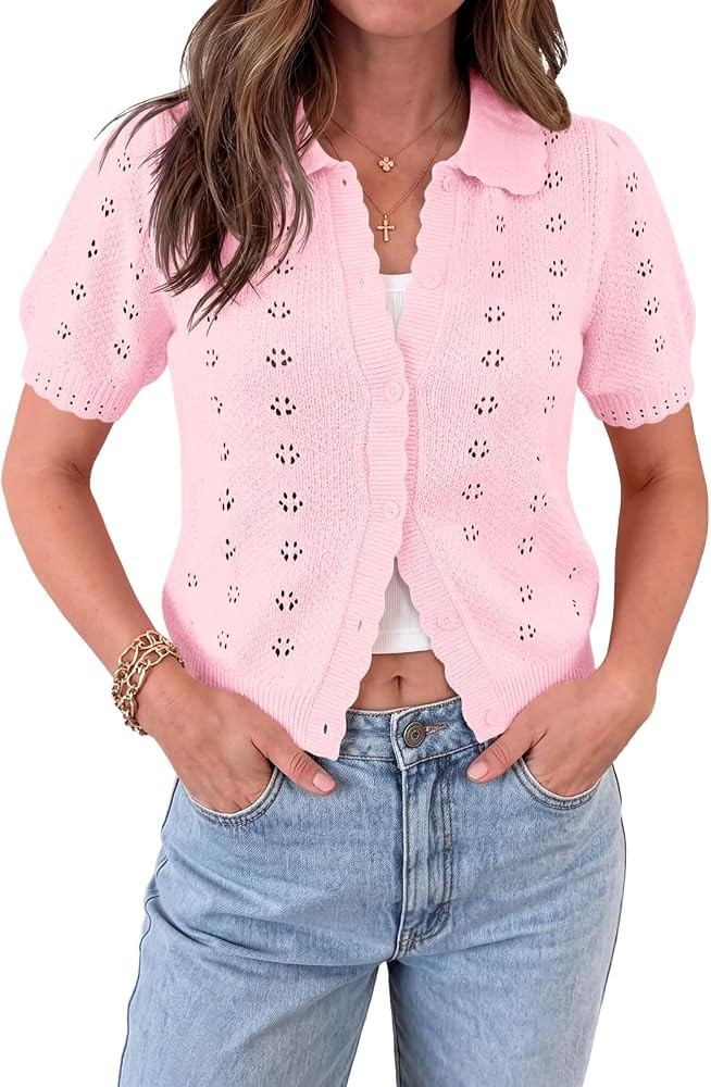 Saodimallsu Womens Puff Short Sleeve Cardigan Lightweight Crochet Knit Button Scalloped 2026 Summ... | Amazon (US)