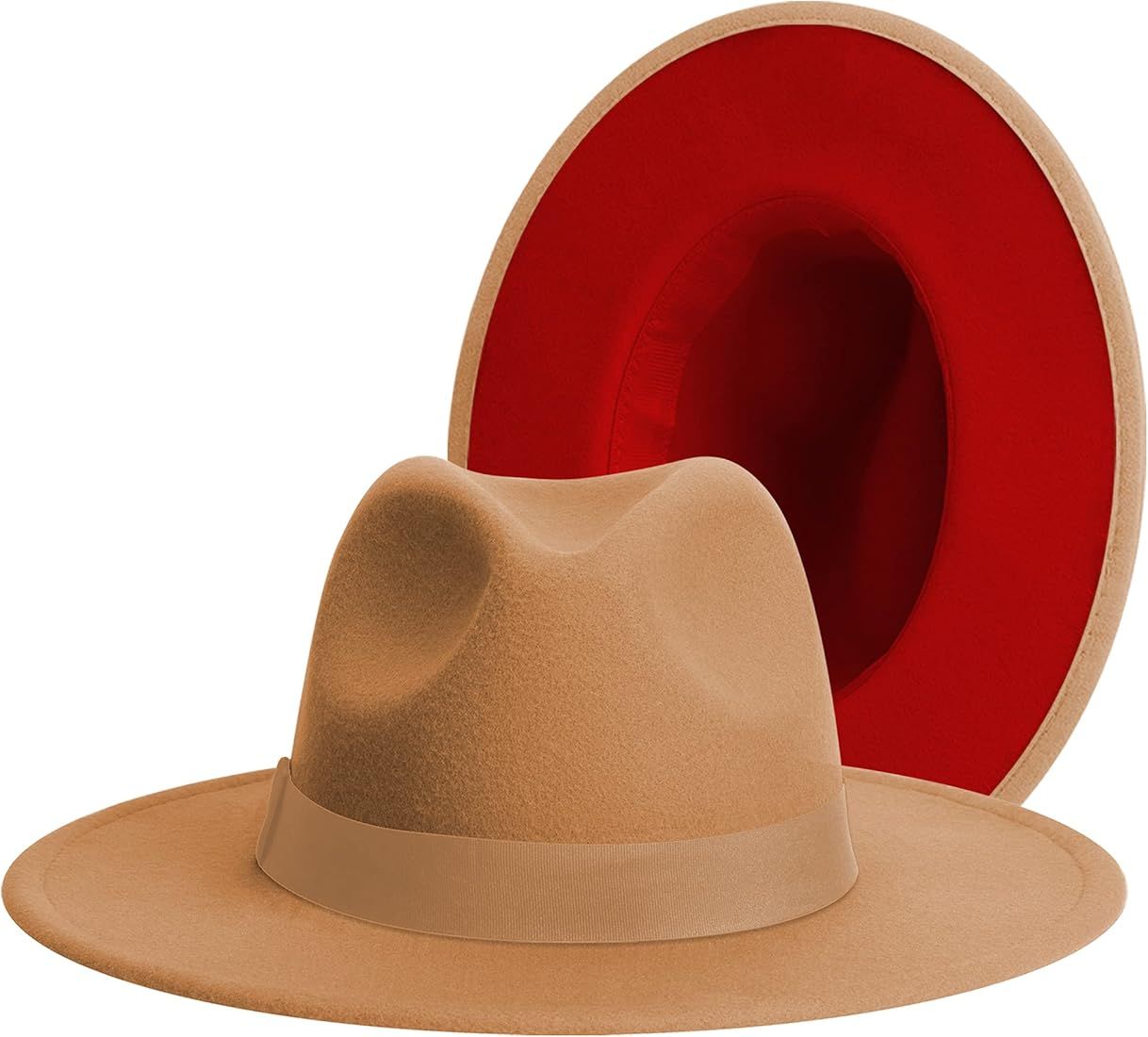 Classic Wide Brim Fedora for Women Men Two Tone Fedora with Band Adjustable Red Bottom Hat Felt Pana | Amazon (US)