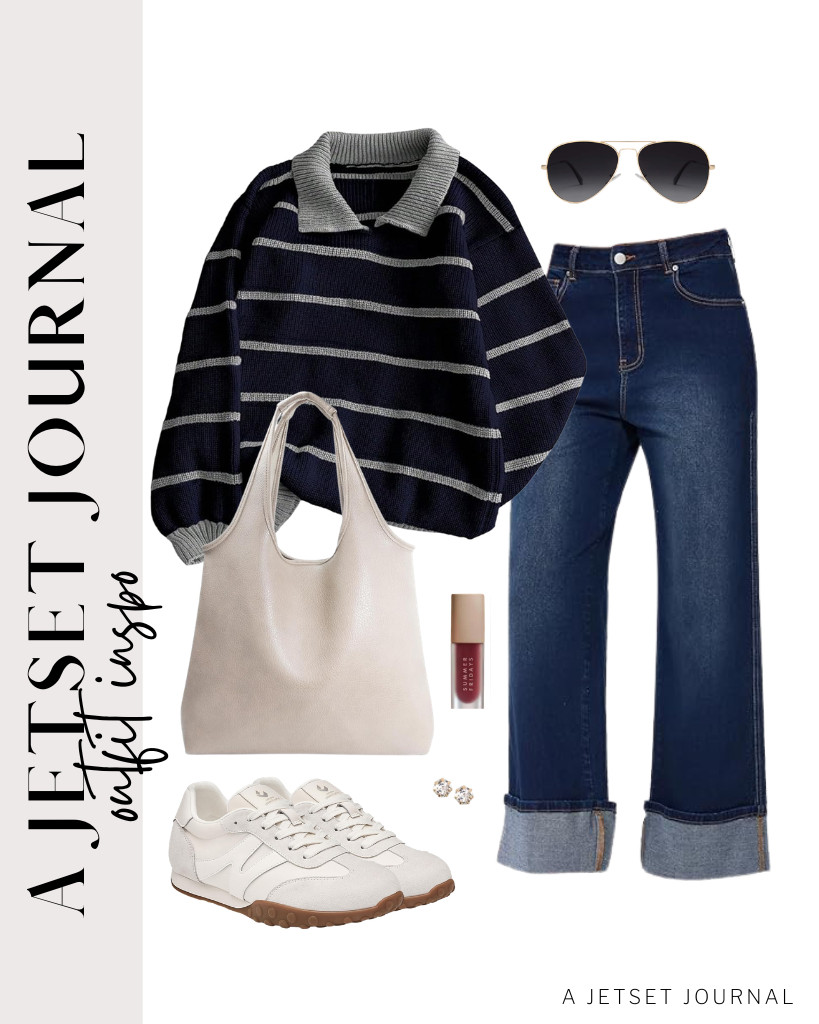 Adding accessories like stud earrings and a classy HOXIS hobo bag is easy with this combination of a dark blue and gray collared top and dark denim pants. Complete the look with these fashion sneakers from Somiliss. Totally chic! 

 #LTKSeasonal #LTKSaleAlert #LTKTravel