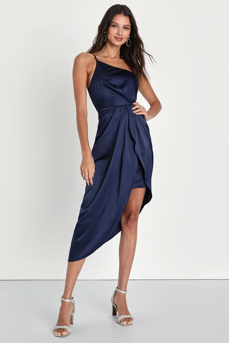 Law of Attraction Navy Blue One-Shoulder Asymmetrical Midi Dress | Lulus (US)
