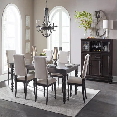 Traditional Brown Finish 7pc Dining Set Table w Leaf and 6x Side Chairs Beige Nailhead Trim Transitional Dining Wooden Furniture | Wayfair North America