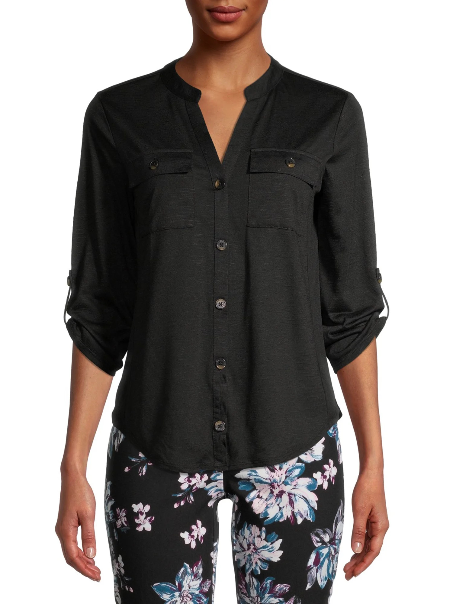 No Boundaries Juniors' Open Neck 3/4 Sleeve Tie Front Blouse | Walmart (US)