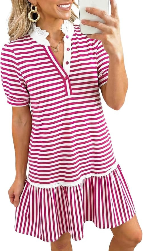 Dokotoo Women's Casual Stand Collar Tiered Babydoll Dress Short Sleeve Tunic Shift Dress with Poc... | Amazon (US)