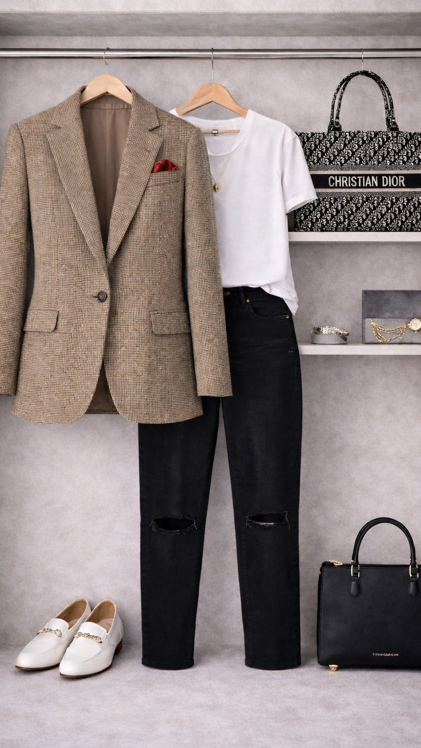 High-Low Mixing Done Right ✨
Blazer + distressed jeans = the perfect balance!

The outfit:
Plaid blazer + white tee + ripped black jeans + white loafers + Dior tote

Why it works:
The tailored blazer elevates casual basics. Distressed jeans keep it cool. White loafers add preppy polish. And that Dior bag? Statement piece!

Pro tip: Mix polished pieces with edgy basics for effortlessly chic style!

Perfect for shopping, brunch, meetings, or any day you want to look put-together!

#LTK #LTKstyletip #LTKfindsunder200 #LTKitbag #PlaidBlazer #DistressedDenim #DesignerBag #HighLowStyle #OOTD

#LTKdayinmylife #LTKPlusSize