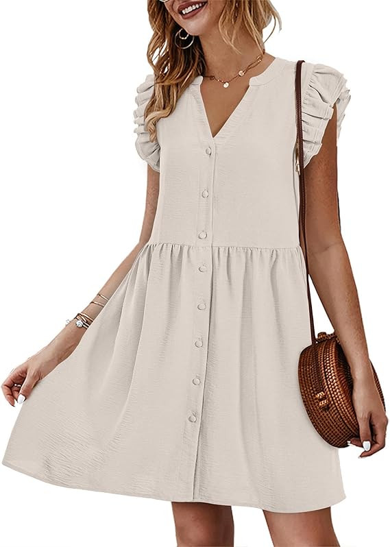 KIRUNDO Women's 2024 Summer Mini Dress Casual Ruffle Sleeveless Button Down V Neck Loose Shift Tu... | Amazon (US)