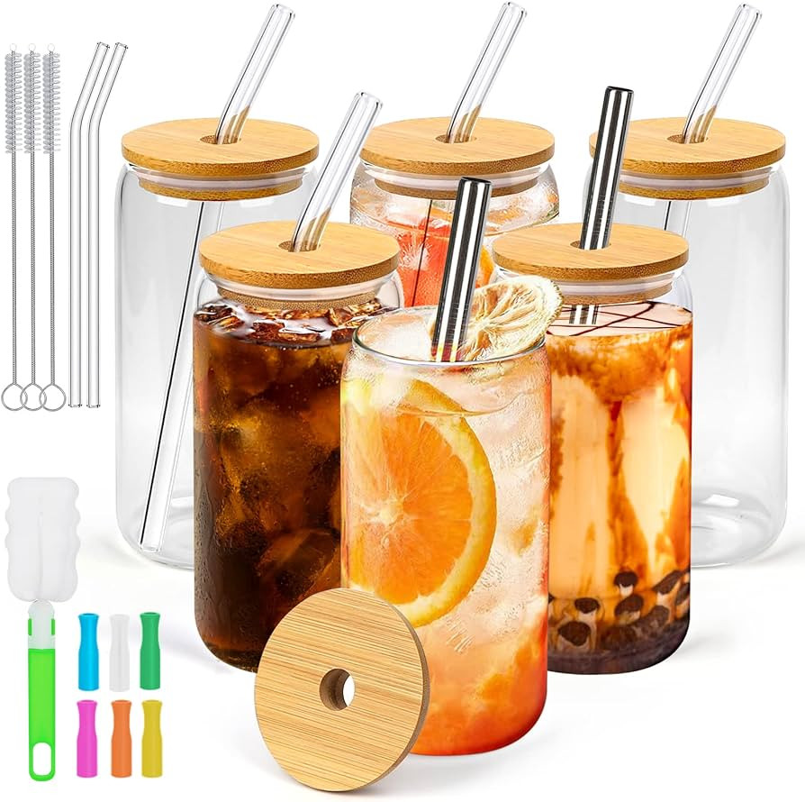 6 Pack Beer Coffee Glasses with Bamboo Lids and Glass Straws, 16oz Iced Coffee Cups, Can Shape Gl... | Amazon (US)