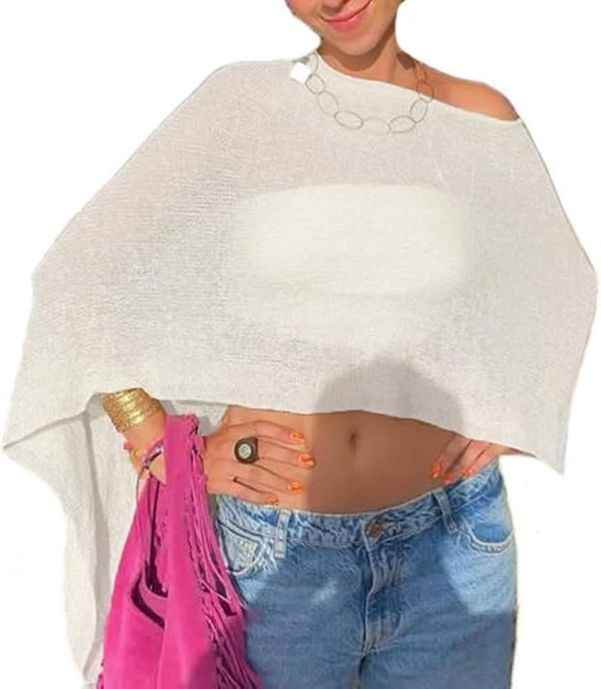 Women Sheer Poncho Top Knit Crochet Lightweight See Through Shawl Summer Shrug Beach Cover Up | Amazon (US)