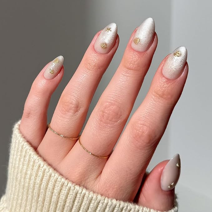 Glamnetic Press On Nails - Sanded | Short Almond Nude Fake Nails with Raised Gold Shell Accents, ... | Amazon (US)
