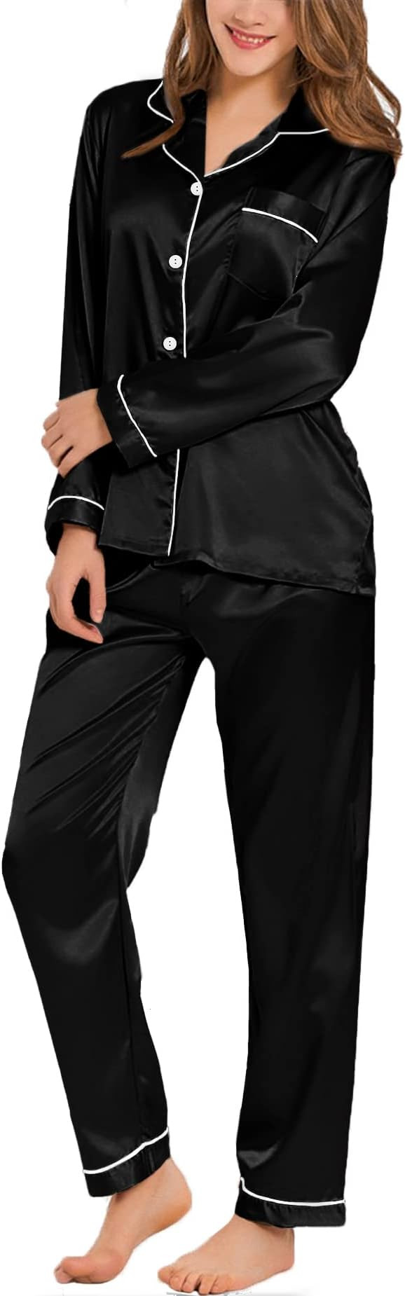 SWOMOG Womens Silk Satin Pajamas Set Long Sleeve Button Down Sleepwear 2 Piece Lounge Set Pj Set ... | Amazon (US)