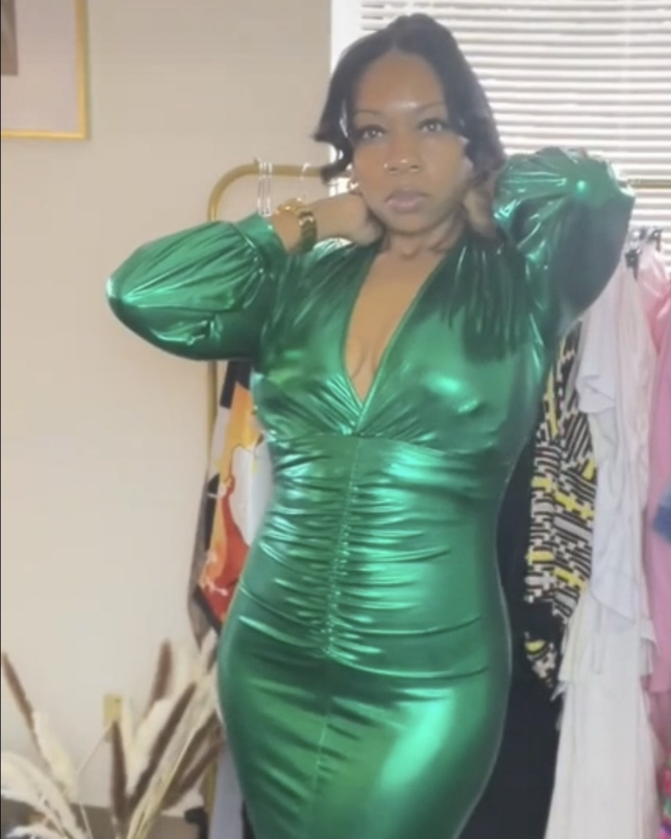 Metallic Green Dress with deep V neck, long sleeves, high split, rouging in tummy area, maxi, size small, I’m 5’3 140lbs, perfect for a evening glam wedding, birthday party, or any occasion where you want to shine! 

#LTKParties #LTKStyleTip #LTKVideo