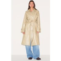 Cream Mid Length Faux Leather Trench Coat | PrettyLittleThing US