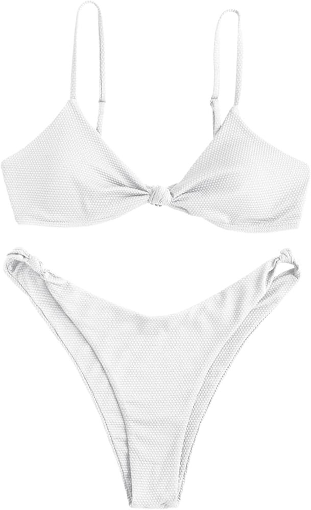 ZAFUL Women's Tie Knot Front Spaghetti Strap High Cut Bikini Set Swimsuit | Amazon (US)