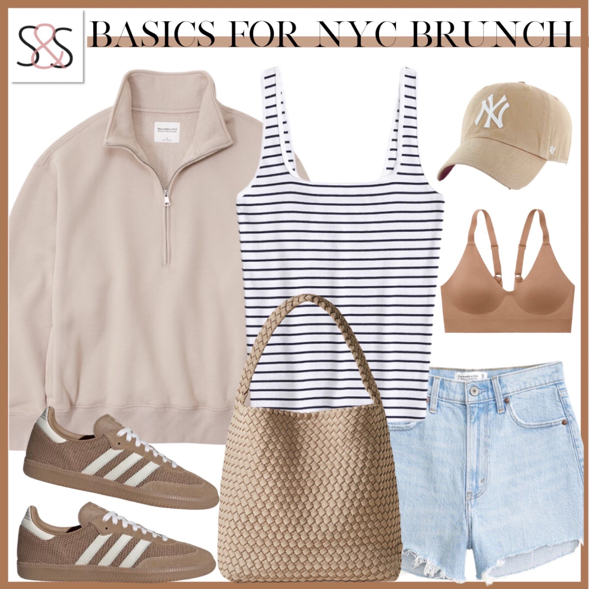 Easy NYC brunch outfit with all the neutral basics.
A striped tank, denim shorts, and sneakers keep it casual, while the quarter zip and woven bag pull everything together. Perfect for spring days in the city.

Sunsets and Stilettos NYC brunch outfit casual spring outfit striped tank denim shorts neutral basics adidas sneakers capsule wardrobe weekend look

#LTKOver40 #LTKSeasonal #LTKTravel