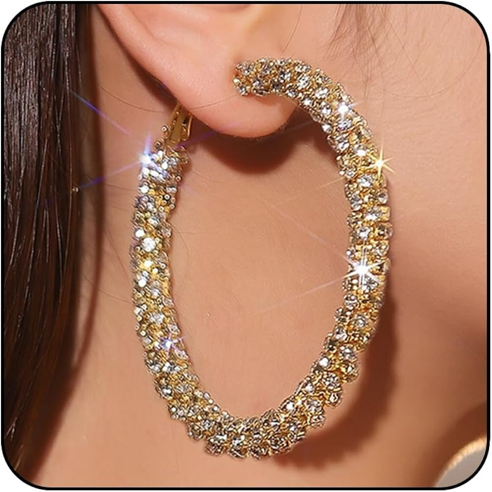 Rhinestone Hoop Earrings for Women Trendy Stuff Big Gold/Silver Hoop Earrings Large Cross Hoop Ea... | Amazon (US)