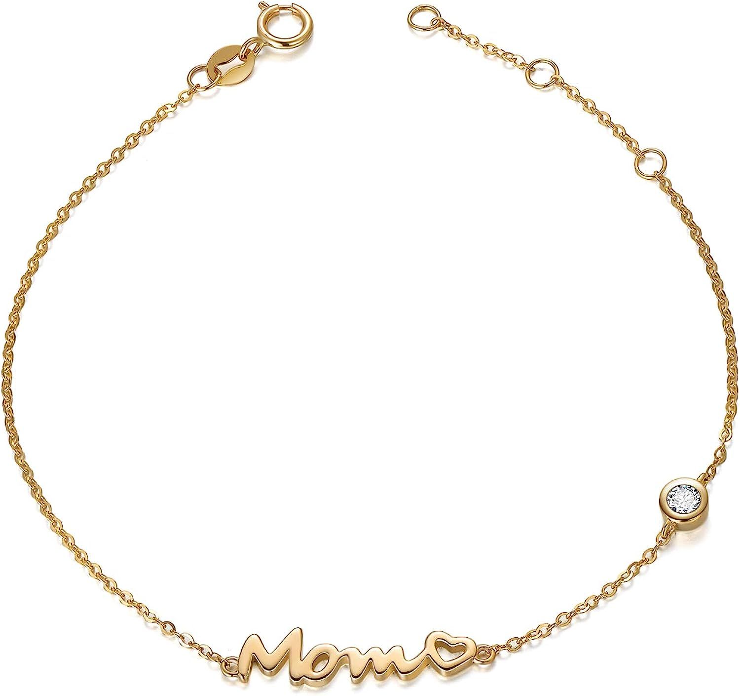 14K Solid Gold Bracelets Gift for Mom, Yellow Gold " Forever Love You Mom" Heart Bracelets Love J... | Amazon (US)