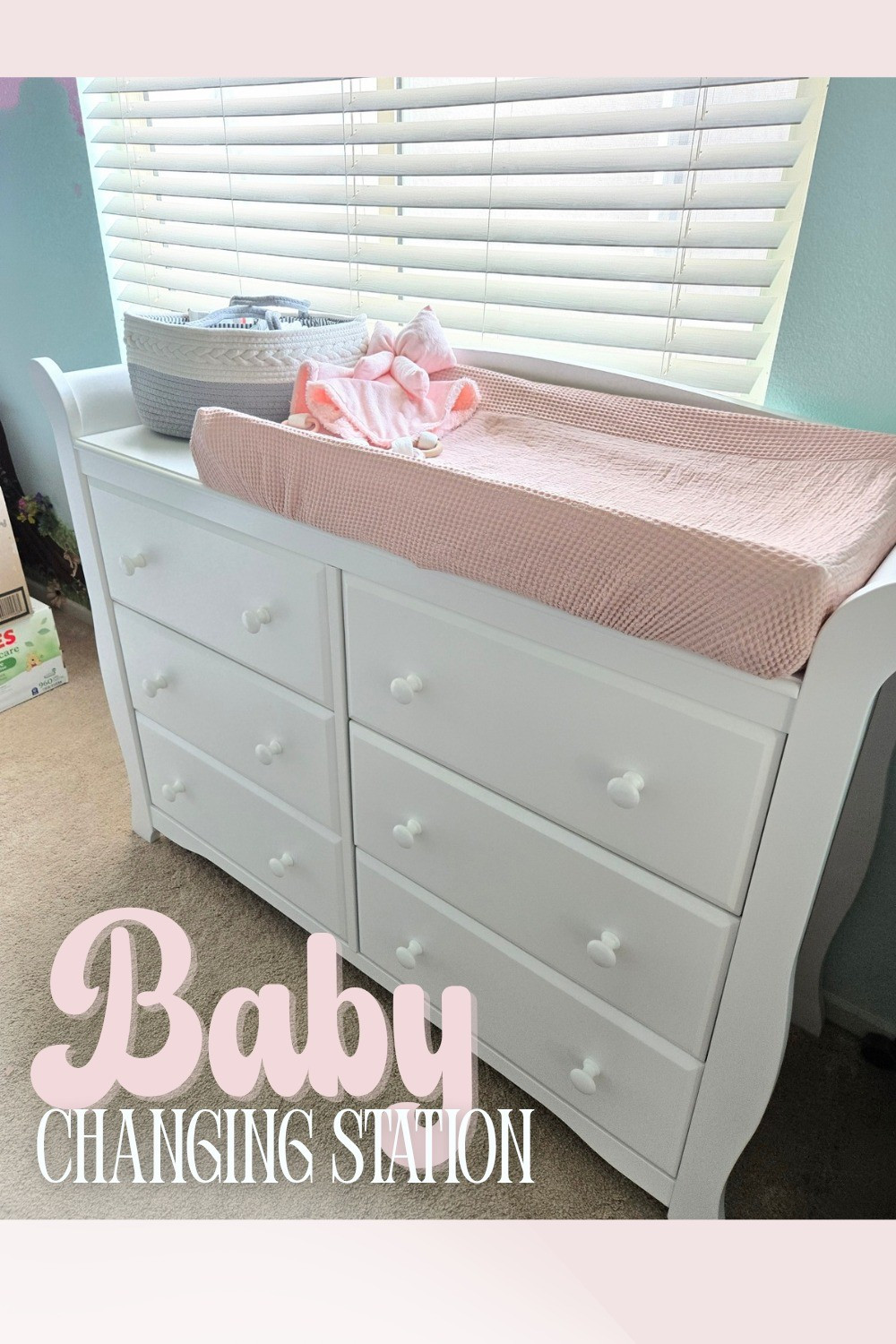 Baby girl dresser and Changing station with pad and diaper caddy. White dresser, pink changing pad cover

#LTKBaby #LTKBump #LTKHome