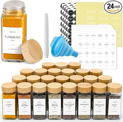 NETANY 24 Pcs Spice Jars with Labels - 4 oz Glass Spice Jars with Bamboo Lids, Minimalist Farmhou... | Amazon (US)