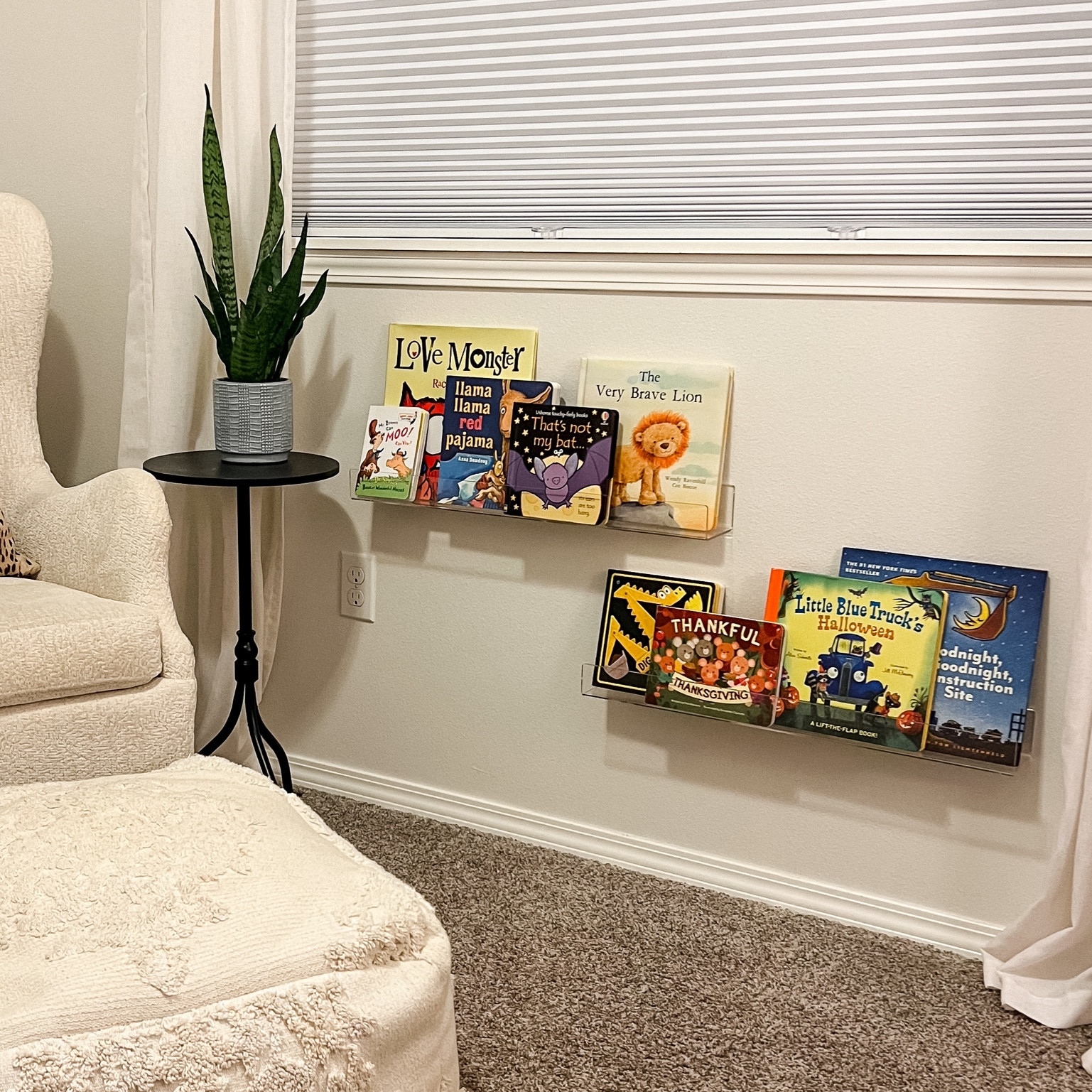 Love these acrylic bookshelves to feature fun seasonal books in Nate’s room! 
Kids books, Halloween books, thanksgiving books, nursery ideas, nursery inspiration, baby boy bedroom ideas, kids bedroom ideas, side table, black metal table  

#LTKHalloween #LTKkids #LTKSeasonal