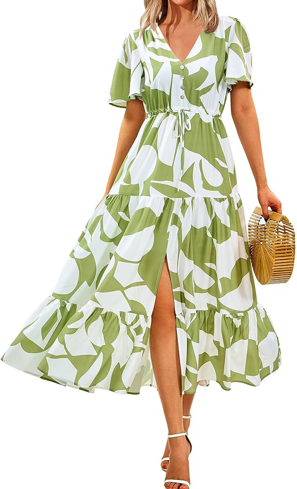 Zenlonr Women Summer Dresses 2024 Casual Short Sleeve V Neck Split Maxi Dress Button Drawstring B... | Amazon (US)