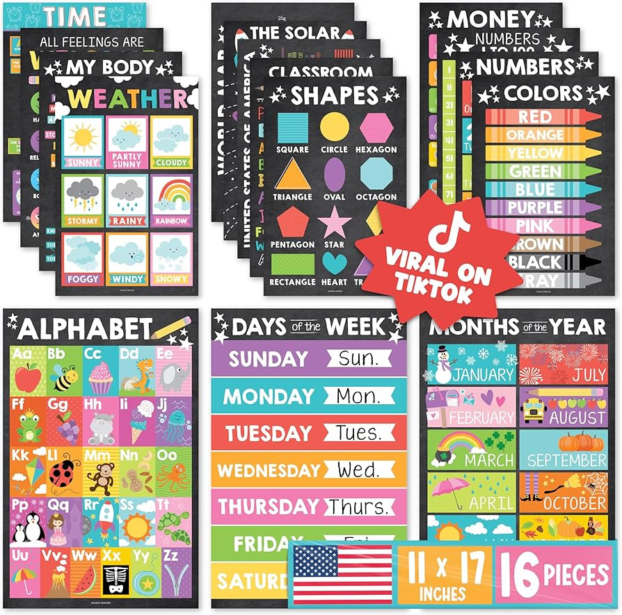 Hadley Designs 16 Educational Posters for Classroom Decor - Kids Learning Posters for Toddlers 1-... | Amazon (US)