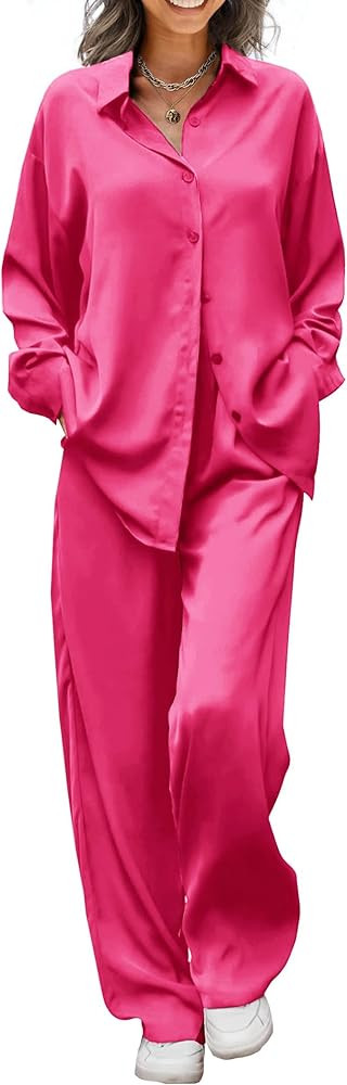 Ekouaer Womens Satin Silky Pajama Set 2 Piece Print PJs Soft Loungewear Button Down Sleepwear wit... | Amazon (US)