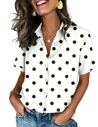 Zeagoo Button Down Shirts for Women Short Sleeve Collared Tops Dressy Casual V Neck Blouses | Amazon (US)
