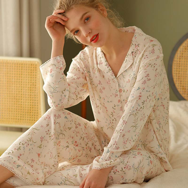 Ownkoti Floral Satin V-Neck Long Sleeve Loungewear | Ownkoti