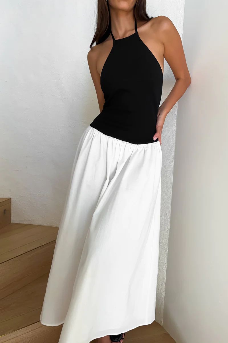 Katie Knit And Linen Midi Dress - Black/White | MESHKI US