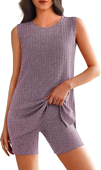 Ekouaer Womens 2 Piece Lounge Set Ribbed Knit Pajamas Sleeveless Sleepwear Biker Shorts Loungewea... | Amazon (US)