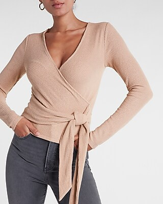 Ribbed Faux Wrap Tie Waist Long Sleeve Top | Express