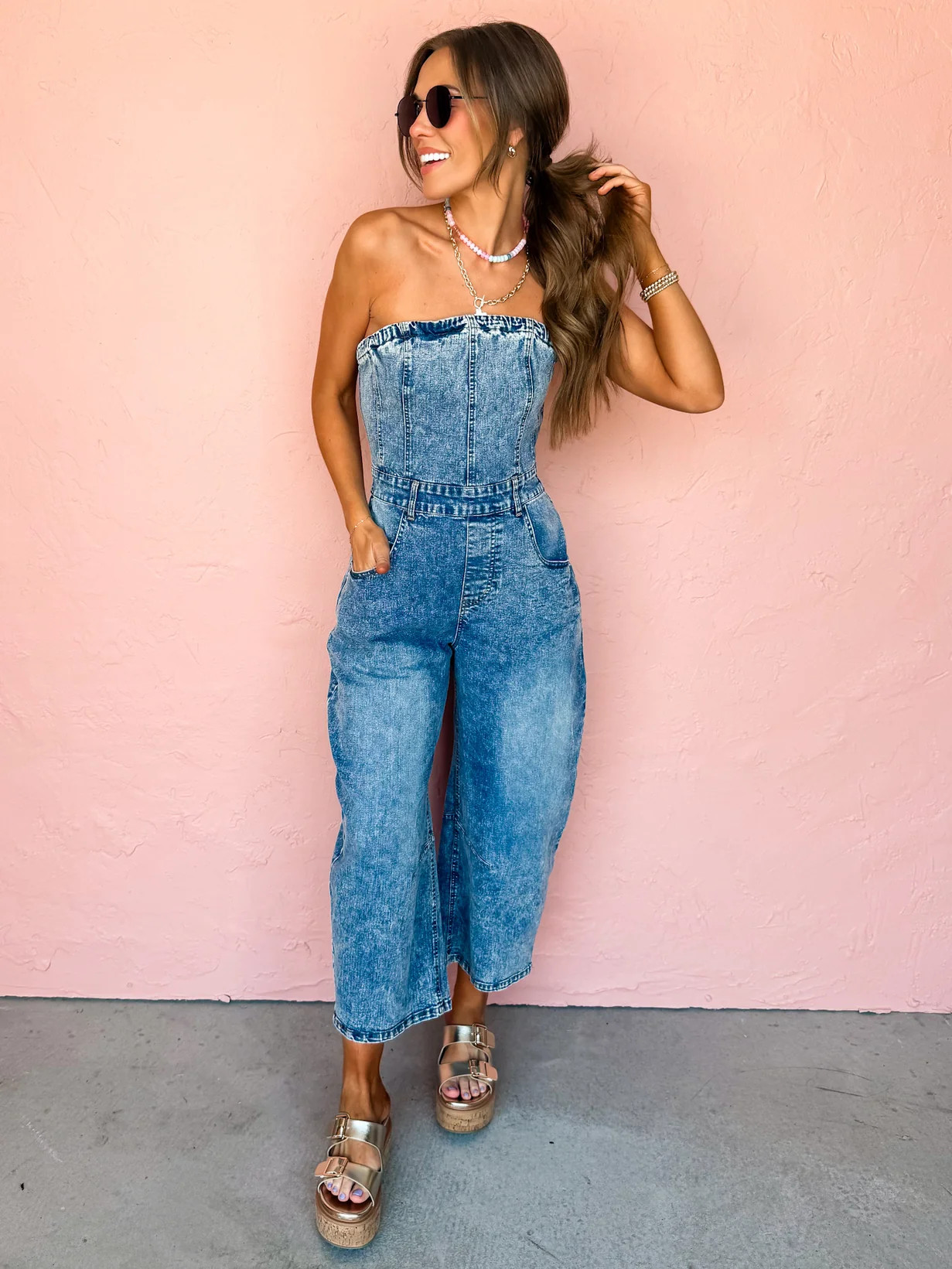 Serene Stunner Strapless Denim Barrel Jumpsuit | Ruthie Grace