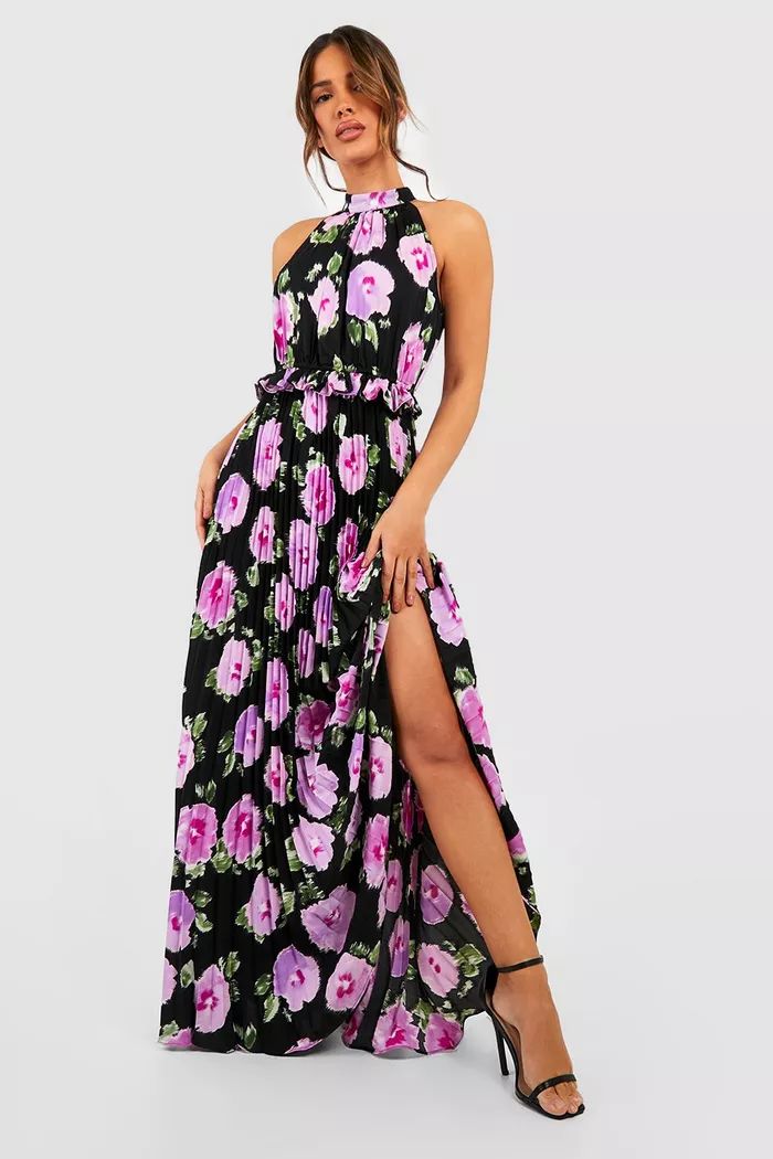 Floral Print Pleated High Neck Maxi Dress | boohoo (US & Canada)