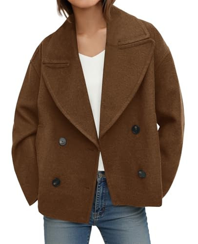 Tankaneo Womens Cropped Wool Blend Pea Coat Casual Long Sleeve Double Breasted Notched Lapel Overcoat Jackets Brown | Amazon (US)