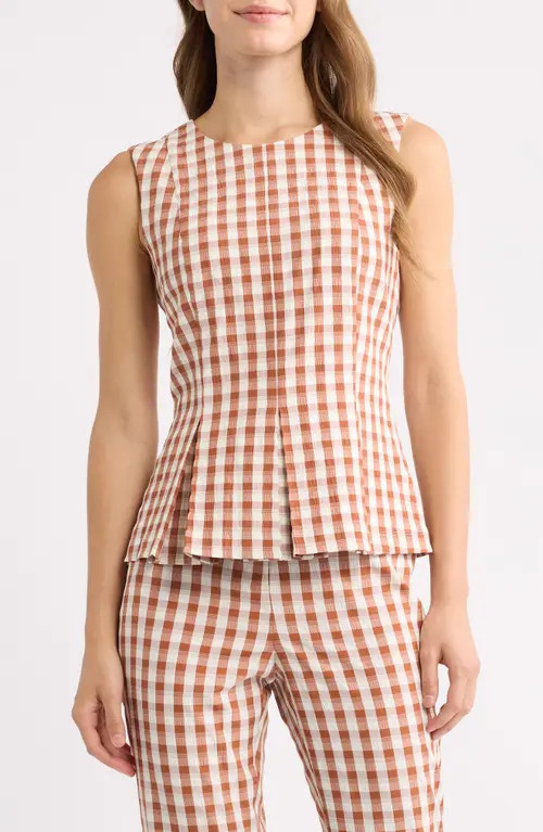 Tahari ASL Gingham Sleeveless Peplum Top in Cinnamon Ivory at Nordstrom, Size 16 | Nordstrom