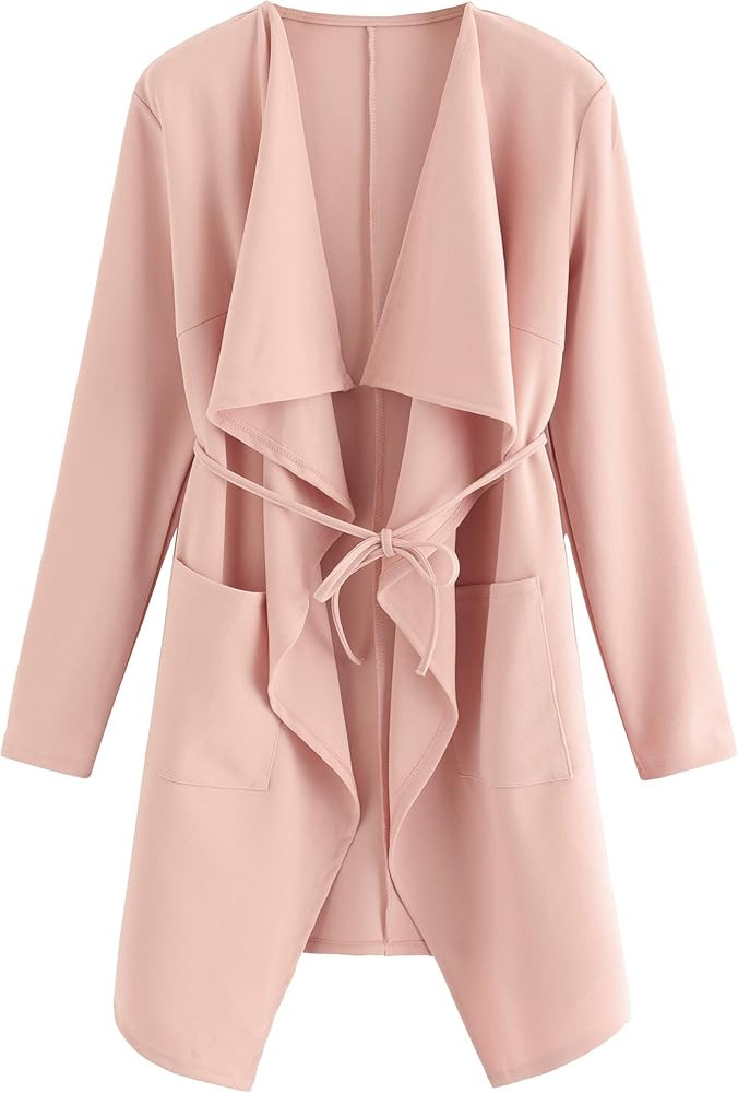 Romwe Women's Raw Cut Hem Waterfall Collar Long Sleeve Wrap Trench Pea Coat Cardigan | Amazon (US)